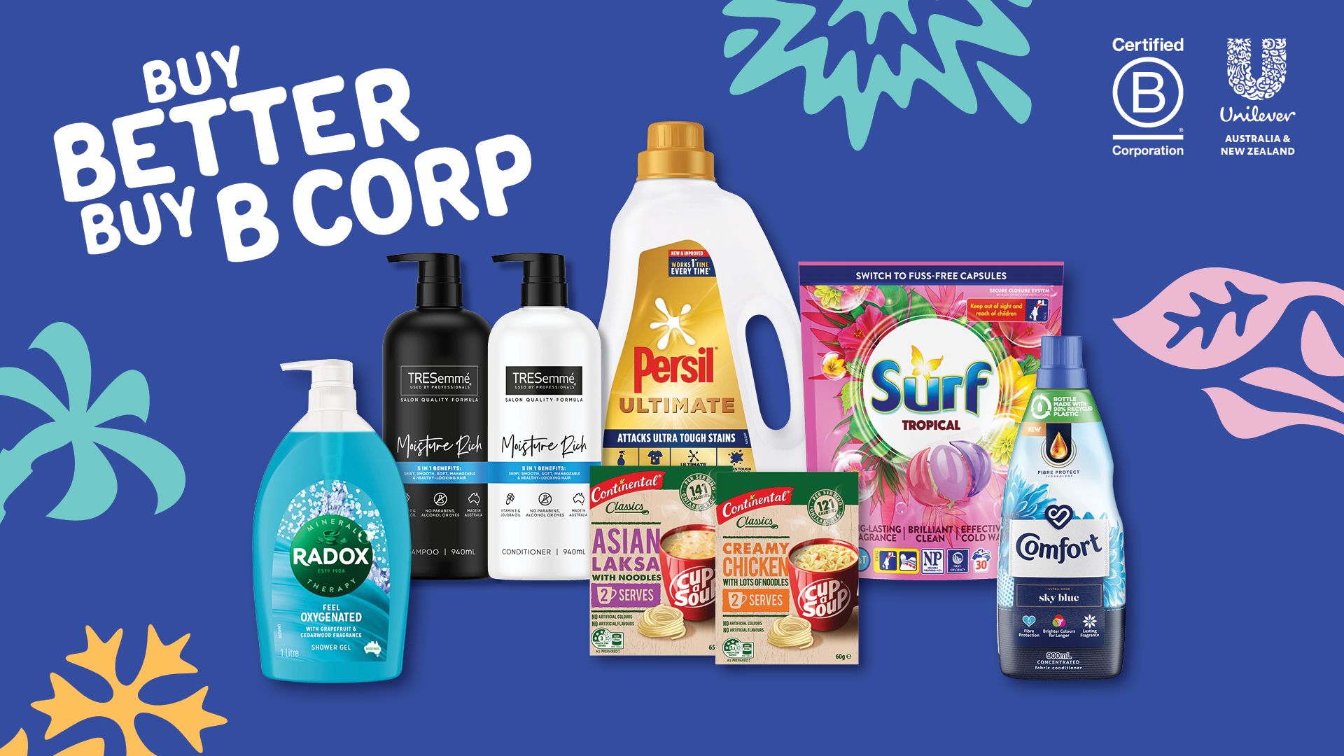 Product from Unilever brands including Radox, Tresemme, Persil, Continental, Surf and Comfort